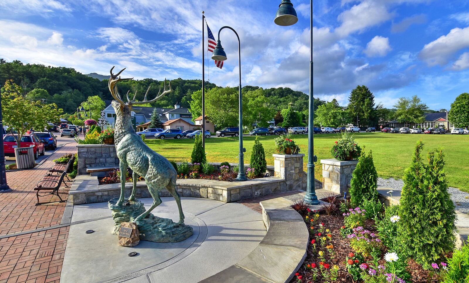 Banner Elk, North Carolina town park with mountain backdrop