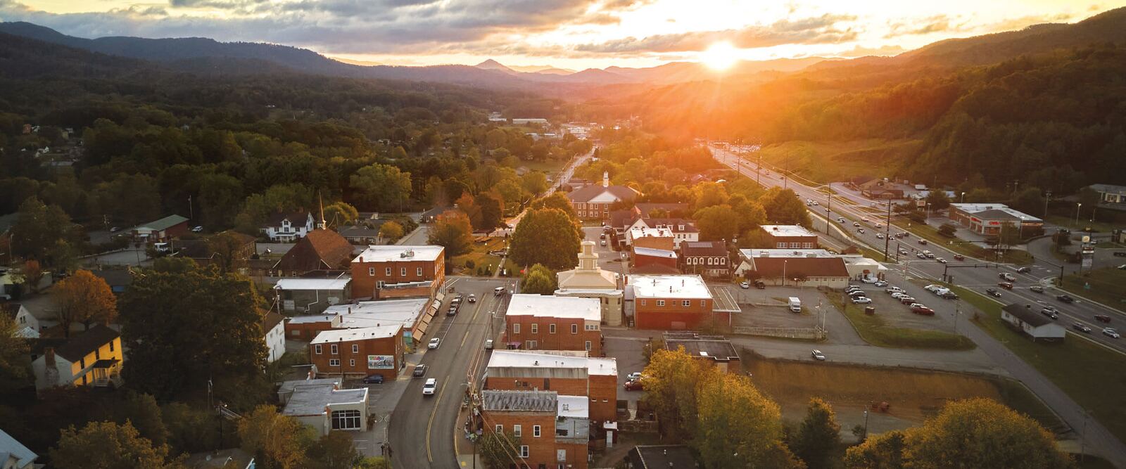 Aerial view of Burnsville, North Carolina at sunset