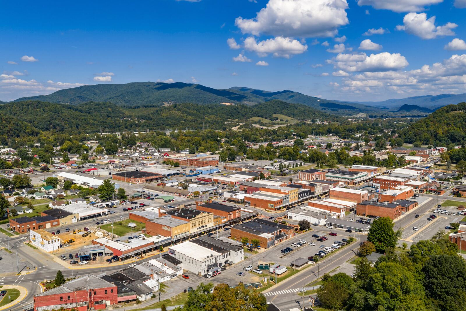 Aerial view of Elizabethton, Tennessee surrounded by mountains