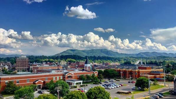 Johnson City, Tennessee skyline with mountains in the distance