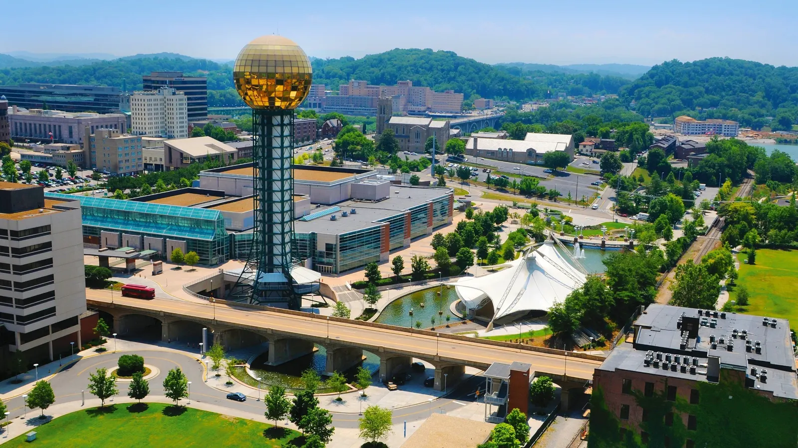 Aerial view of Knoxville, Tennessee with the Sunsphere