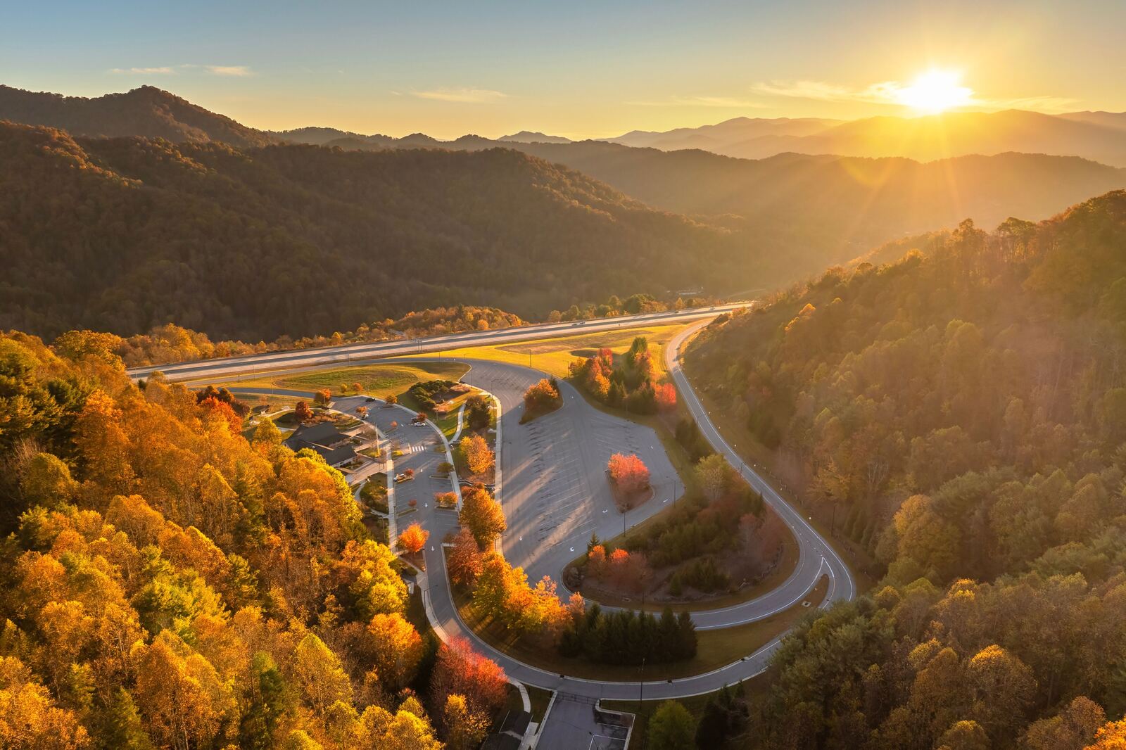 Mountain highway near Mars Hill, North Carolina at golden hour