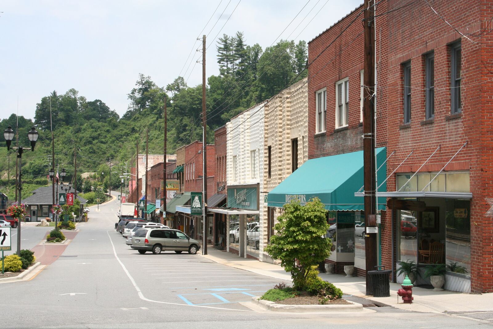 Downtown Spruce Pine, North Carolina street with brick storefronts