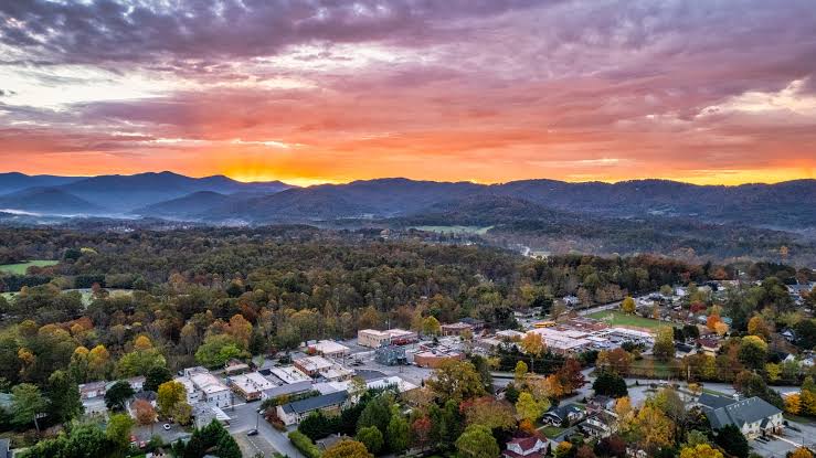 Aerial sunset view over Weaverville, North Carolina
