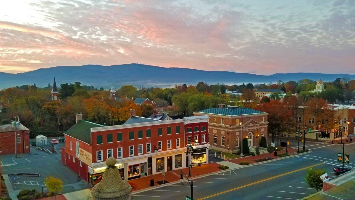 Downtown Wytheville, Virginia at sunset with mountains in the background