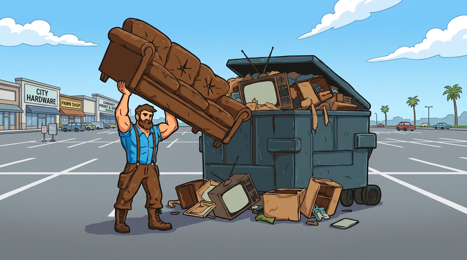 Trent mover lifting a couch beside a full dumpster