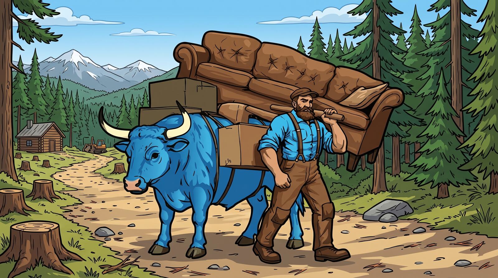 Trent mover and blue ox hauling furniture through the woods