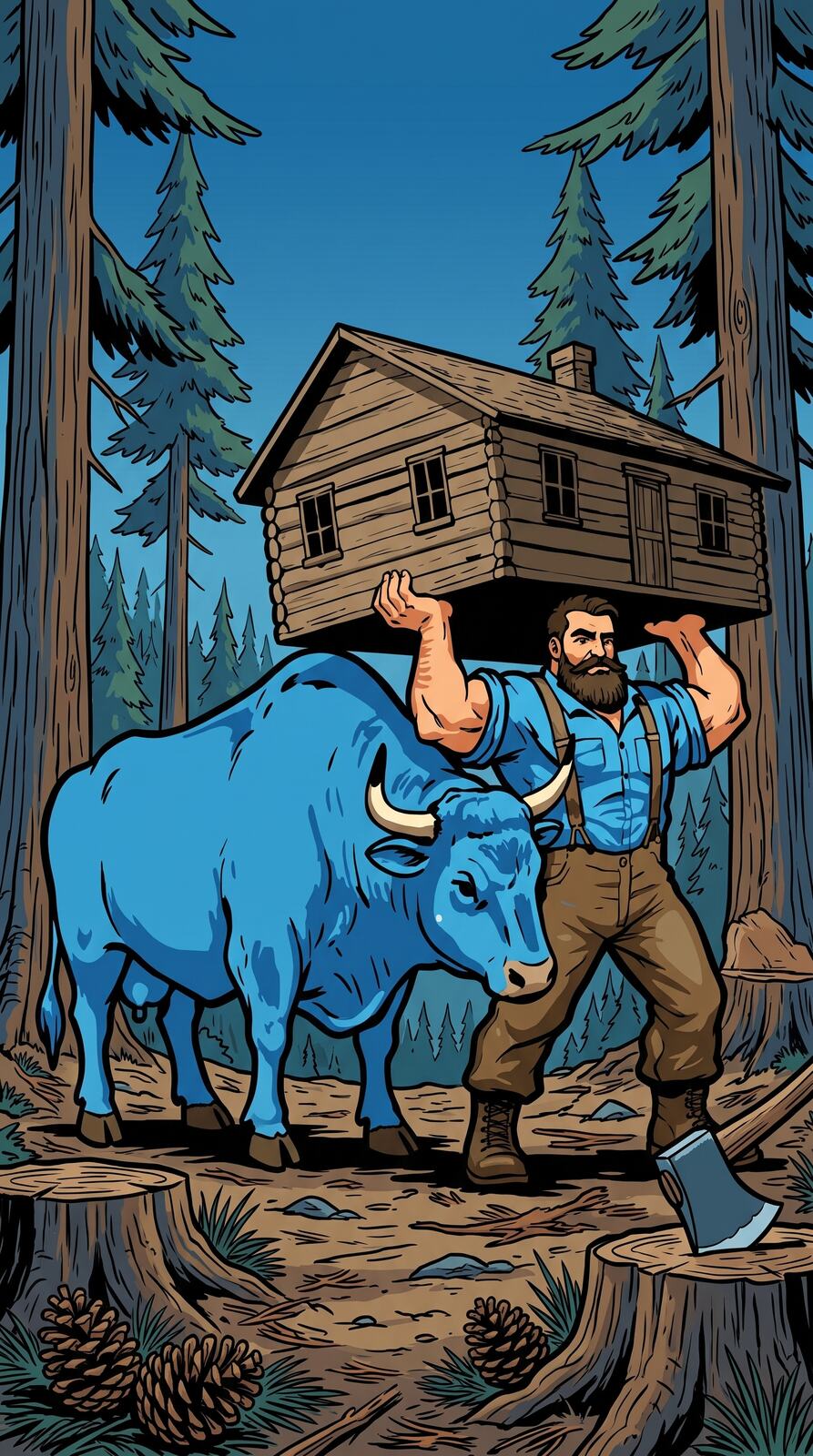 Trent mover carrying a cabin with a blue ox in the forest