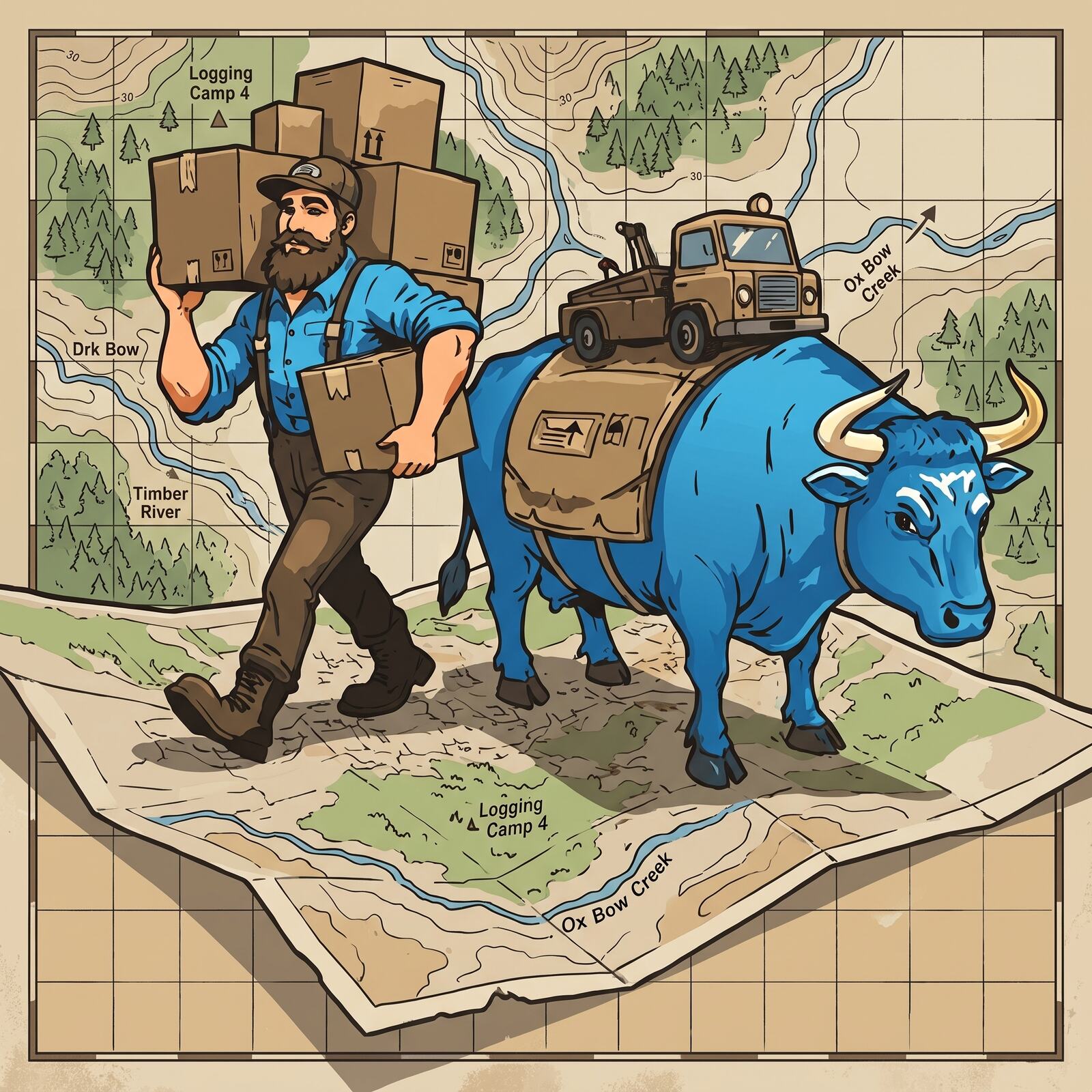 Trent mover and blue ox planning a long distance route on a map