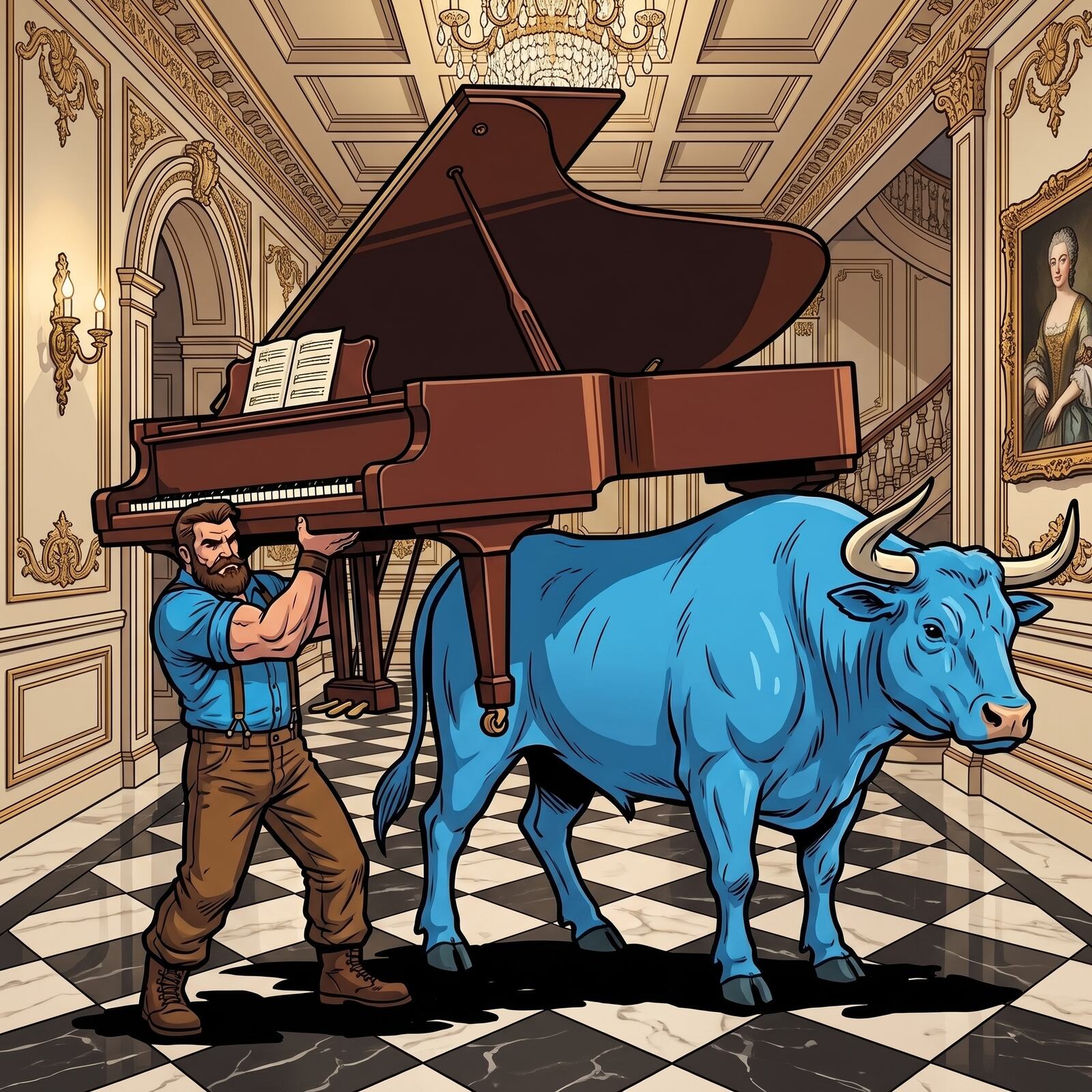 Trent mover and blue ox carrying a grand piano through a formal hall