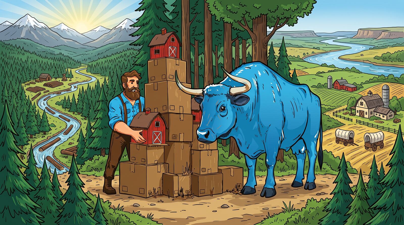 Trent mover stacking storage boxes with a blue ox in a mountain landscape